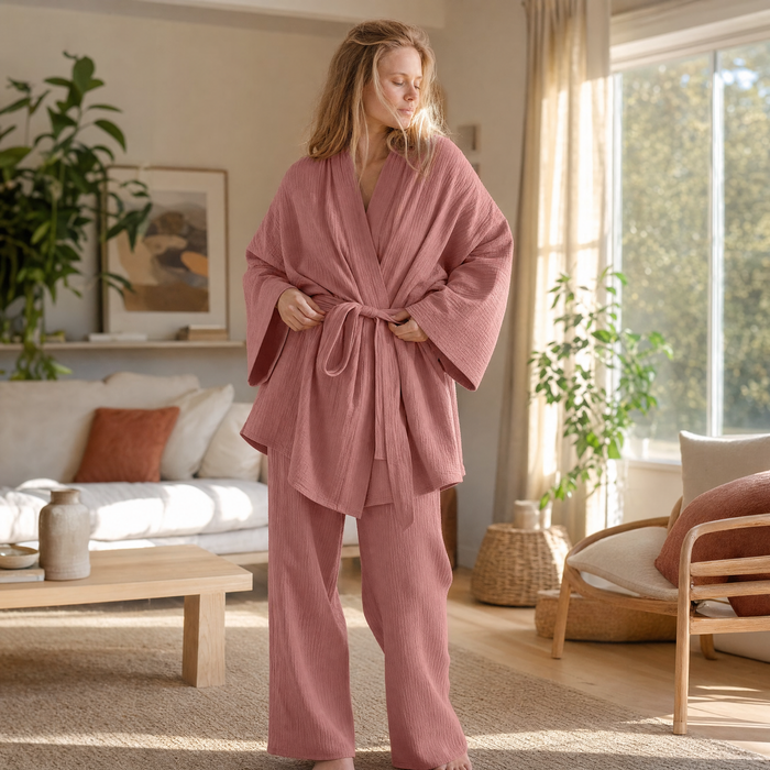 Ensemble deux pièces kimono en gaze de coton Sejolie, présentation des coloris grège rosé, vert sauge et bleu profond
